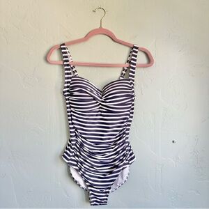 Nip Tuck Ahoy Foil Navy Blue White Striped 1-Piece Swimsuit Size 8‎ EUC Nautical